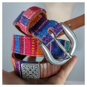 Fossil Belt M Brown Leather Multicolor Woven Vintage Silver Western Southwest 90